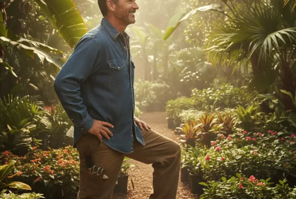 Man in a plant nursery smiling as he comfortably bends his knee after PRP therapy.