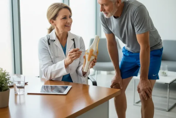 Doctor explaining knee pain treatment options on a model to a patient in Ormond Beach.