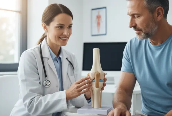 Doctor explaining PRP therapy for knee pain to a patient with an anatomical knee model.