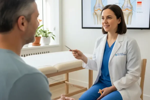 Medical provider explaining PRP therapy for knee pain to a patient in a clinic.