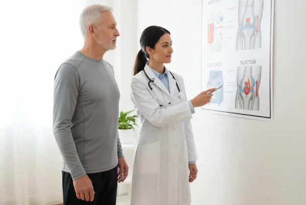 Doctor discussing PRP therapy for knee pain with a senior patient in a clinic.