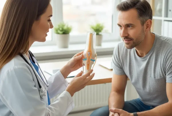 Medical provider explaining a knee model to a patient during a PRP therapy consultation.