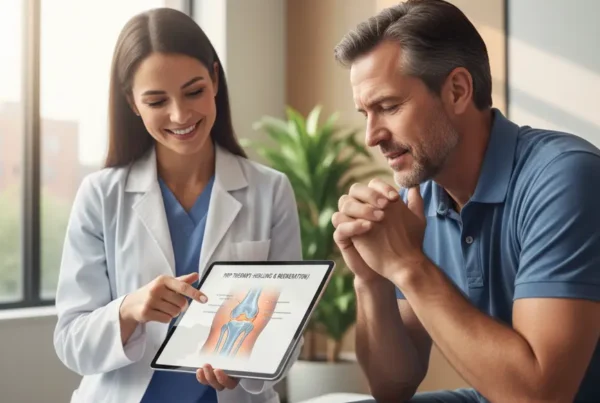 A specialist explains PRP therapy for knee pain to a patient in a clinic.