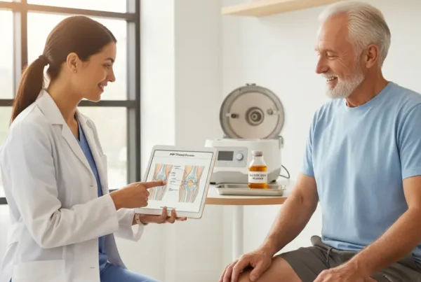 A specialist explaining PRP therapy for knee pain to a patient in Orlando.