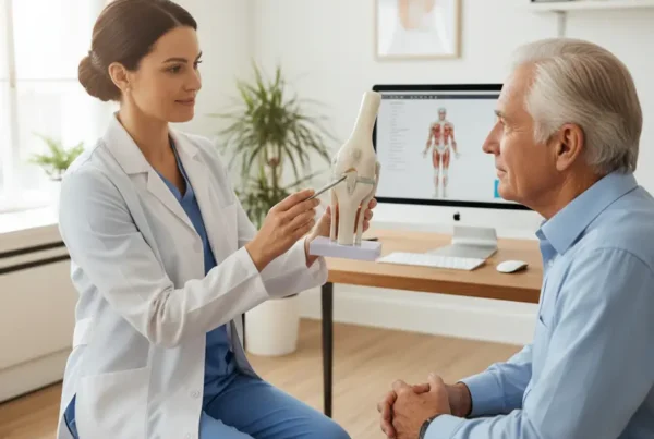Medical specialist explaining a knee model to a senior patient in a clinic.