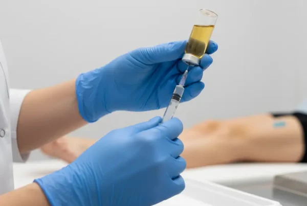 Medical professional preparing a PRP therapy injection for knee pain in a clinical setting.