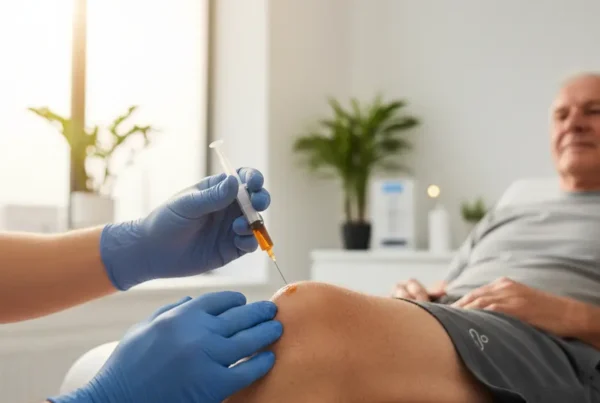 Medical professional administering a PRP therapy injection into a patient's knee in a clinic.