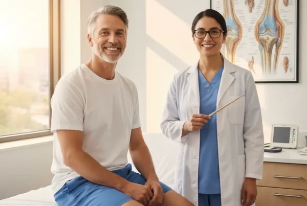 Doctor explaining non-surgical PRP knee therapy to a hopeful patient in a clinic.