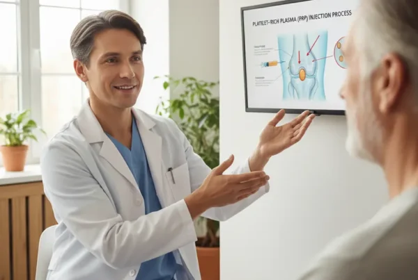 Doctor showing a diagram of PRP therapy for knee pain to a senior patient.