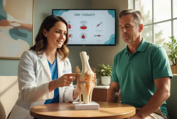 Medical provider explaining PRP therapy for knee pain to a patient in a clinic.