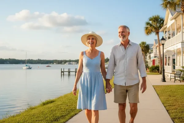 Happy older couple walking comfortably along a lakeside path after PRP therapy for knee pain.