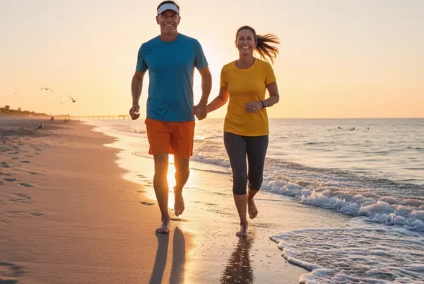 Active older couple jogging on New Smyrna Beach, representing PRP therapy for knee pain.