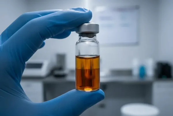 A medical professional holds a vial of platelet-rich plasma (PRP) in a clinic.