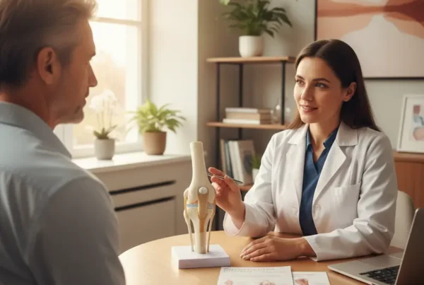 Doctor explaining PRP therapy for knee pain to a patient using a knee model.