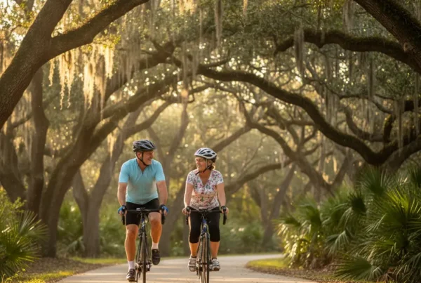 Active older couple smiling while riding bicycles on a scenic trail in Montverde, Florida.