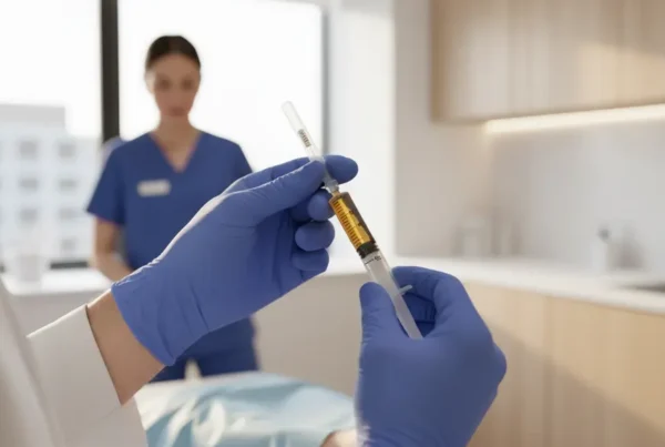 Doctor preparing a PRP therapy injection for a patient's knee pain in a clinic.