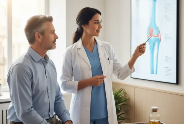 Doctor explaining the benefits of PRP therapy for knee pain to a patient.