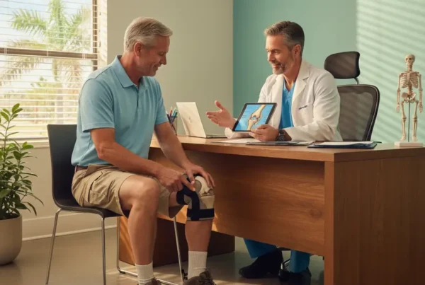 Doctor discussing non-surgical PRP therapy for knee pain with a male patient in Florida.