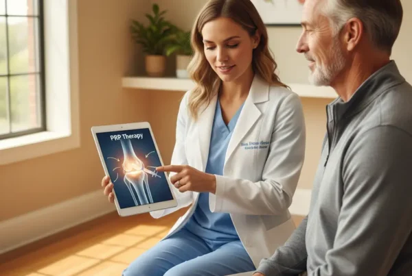 Medical provider explaining PRP therapy for knee pain to a patient in a clinic.