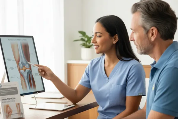 Doctor explaining PRP therapy for knee pain to a patient in a Florida clinic.