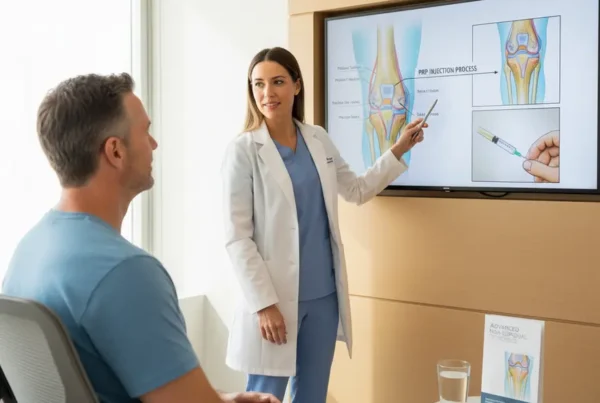 A medical provider explains PRP therapy for knee pain to a patient using a diagram.