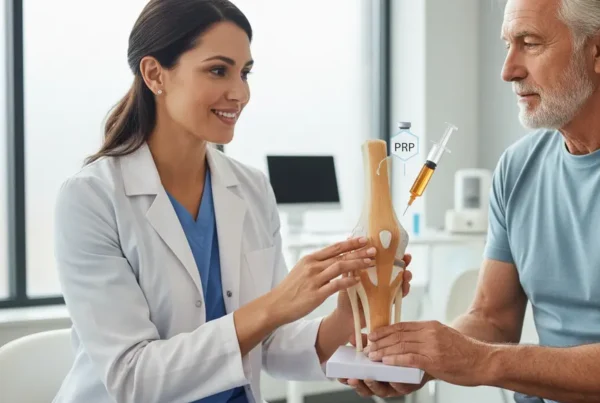 Doctor explaining non-surgical PRP therapy for knee pain to a patient in Harmony, FL.