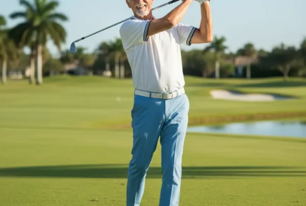 Senior man smiling after a pain-free golf swing, representing PRP therapy for knee relief.