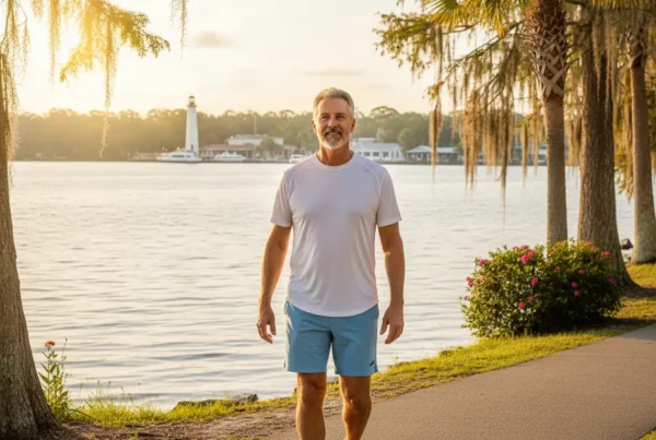 Man in his 50s walking comfortably by a lake after PRP therapy for knee pain.