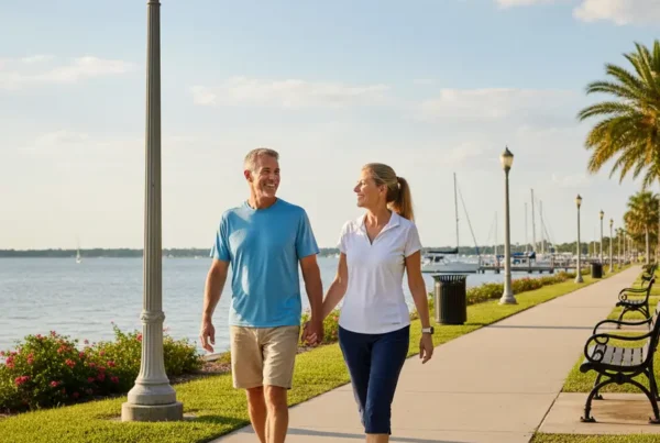 Active couple in their 40s enjoying a pain-free walk on the Sanford Riverwalk.