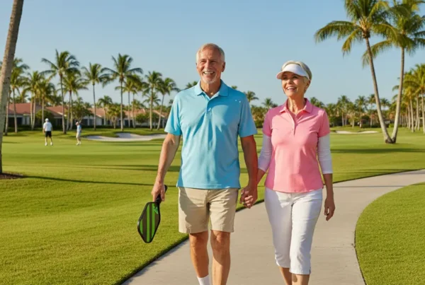 Active senior couple walking happily on a path in The Villages, FL after knee therapy.