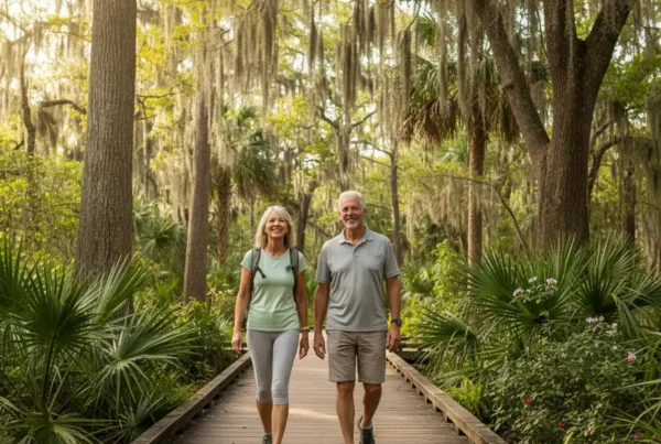 Couple walking on a sunny Florida boardwalk, enjoying life after PRP therapy for knee pain.