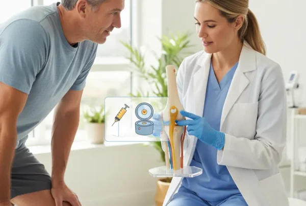 Provider explaining PRP Therapy for knee pain to a patient using a knee model.