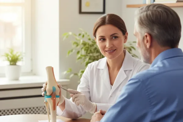 Doctor explaining PRP therapy for knee pain to a patient using a knee model.