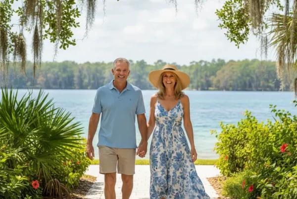 Active older couple walking happily along a lakeside path in Eustis, Florida.