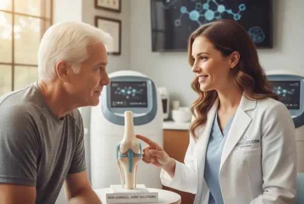 Medical provider explaining PRP therapy for knee pain to a senior patient using a model.