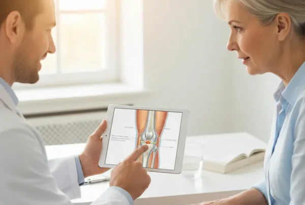 Doctor explaining PRP therapy for knee pain to a patient using a tablet.