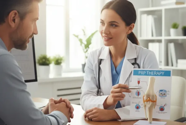 A doctor explains the benefits of PRP therapy for knee pain to a patient.