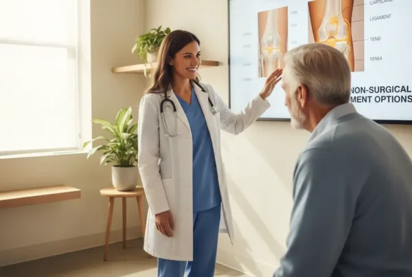 Doctor explaining PRP therapy for knee pain to a senior patient in a clinic.