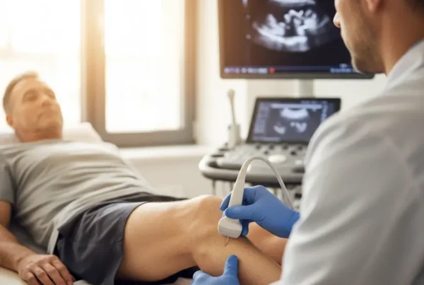 Medical provider performing an ultrasound-guided PRP therapy injection on a patient's knee.