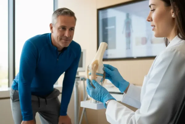 Doctor explaining PRP therapy for knee pain to a patient using a joint model.