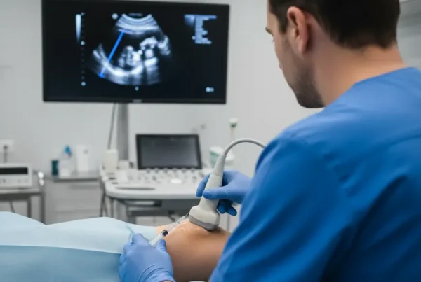 A doctor performs an ultrasound-guided PRP therapy injection on a patient's knee.