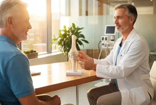 Doctor explaining PRP therapy for knee pain to a senior patient in a clinic.