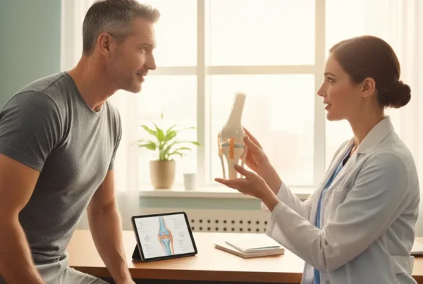 Medical provider explaining non-surgical PRP therapy options for knee pain to a patient.