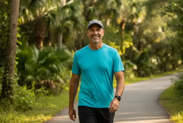 A healthy man in his 50s smiles while walking on a sunny park trail.