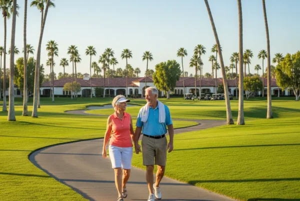 Senior couple smiling and walking on a sunny golf course after knee pain therapy.