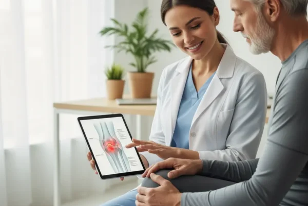 Medical specialist discussing stem cell therapy for knee pain with a patient in Florida.