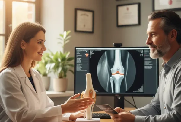 Medical specialist discussing stem cell therapy for knee pain with a patient in clinic.