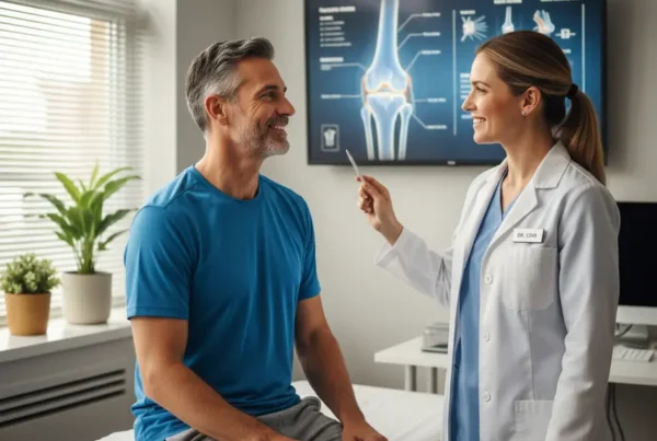 A male patient discusses non-surgical knee therapy options with his doctor in a clinic.