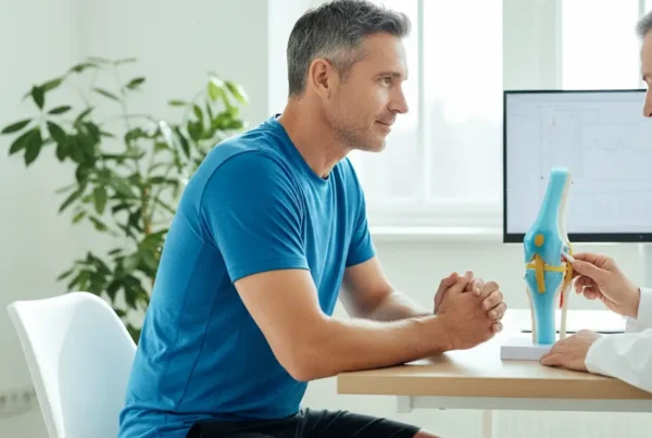 Man in consultation discussing non-surgical knee therapy options with a doctor in Clermont, FL.