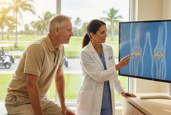 A doctor discusses stem cell therapy for knee pain with a patient in Florida.